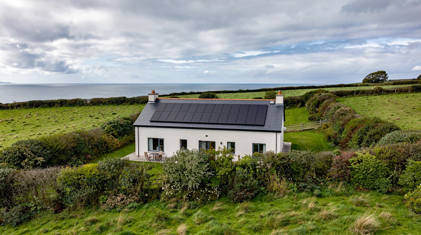Large detached coastal home in east Wicklow with solar panels on south-facing slate roof, sea visible in distance