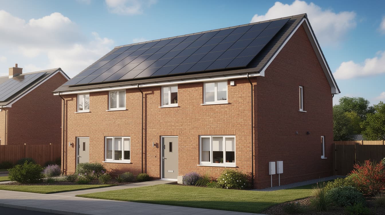 Modern Irish semi-detached home with 12 black solar panels on a south-facing roof