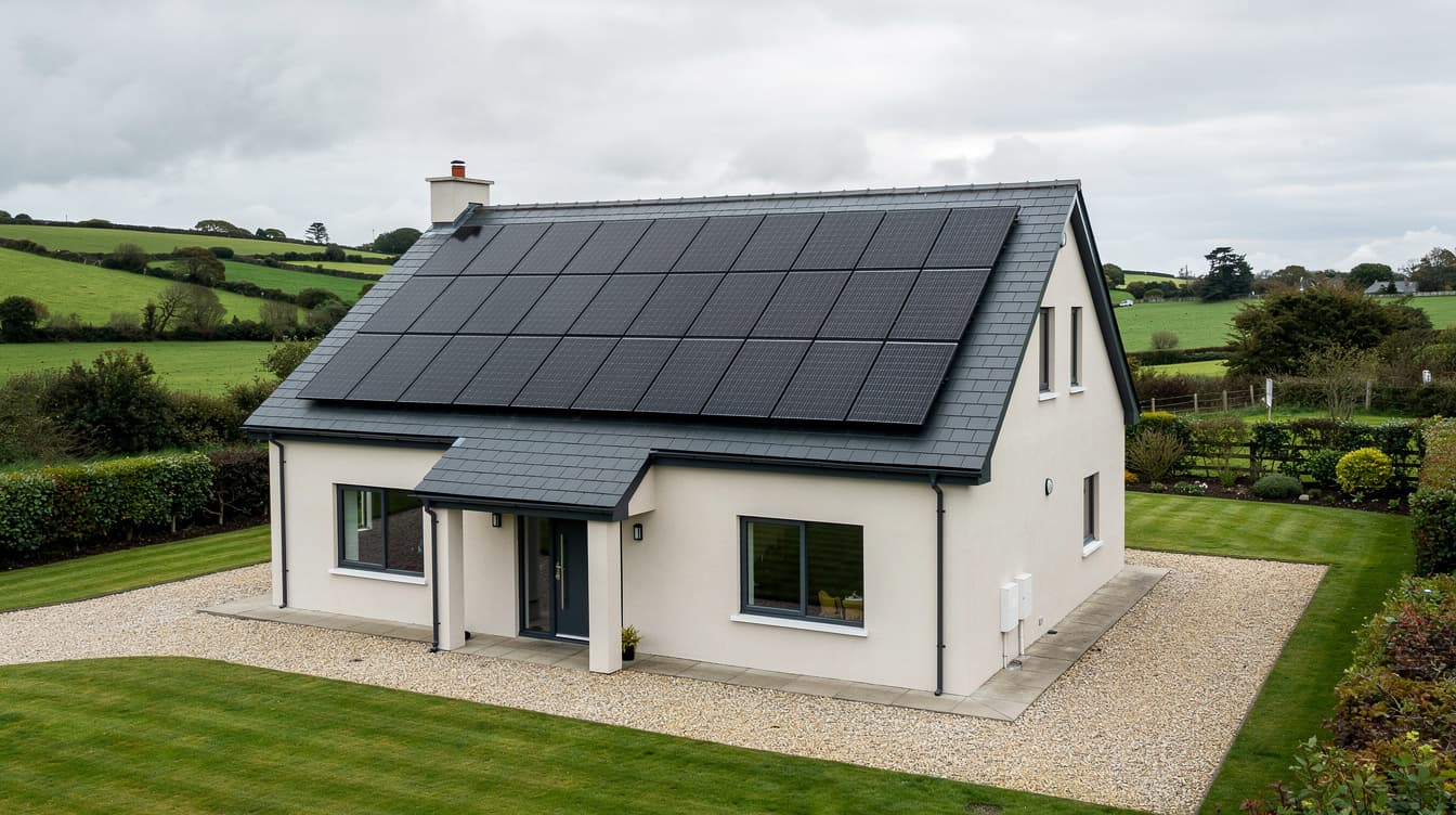 Modern detached Irish home with 14 black solar panels covering the south-facing roof