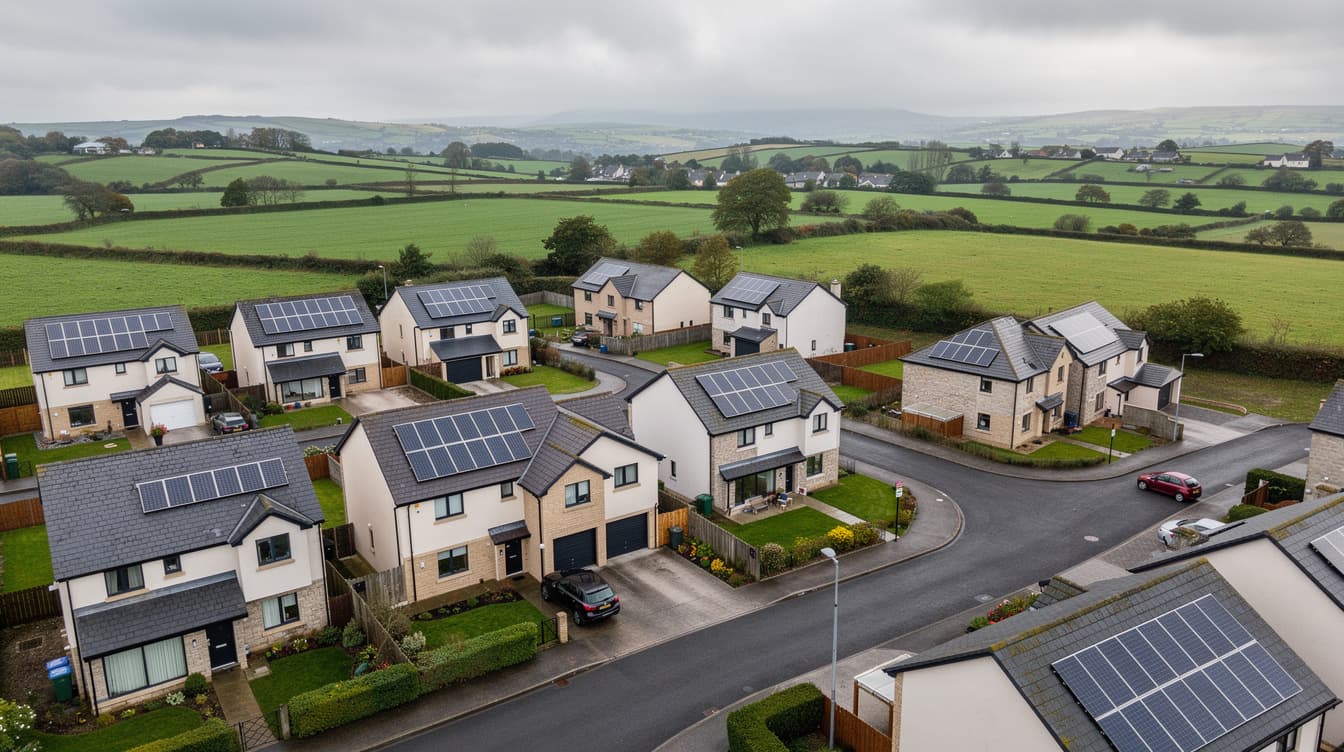 Aerial view of Irish suburban housing estate with solar panels on multiple rooftops