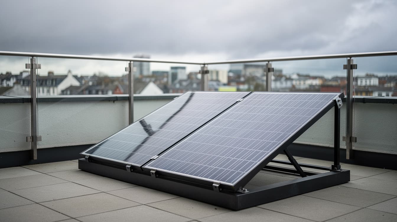 Two solar panels mounted on an angled ballast frame on an Irish apartment terrace