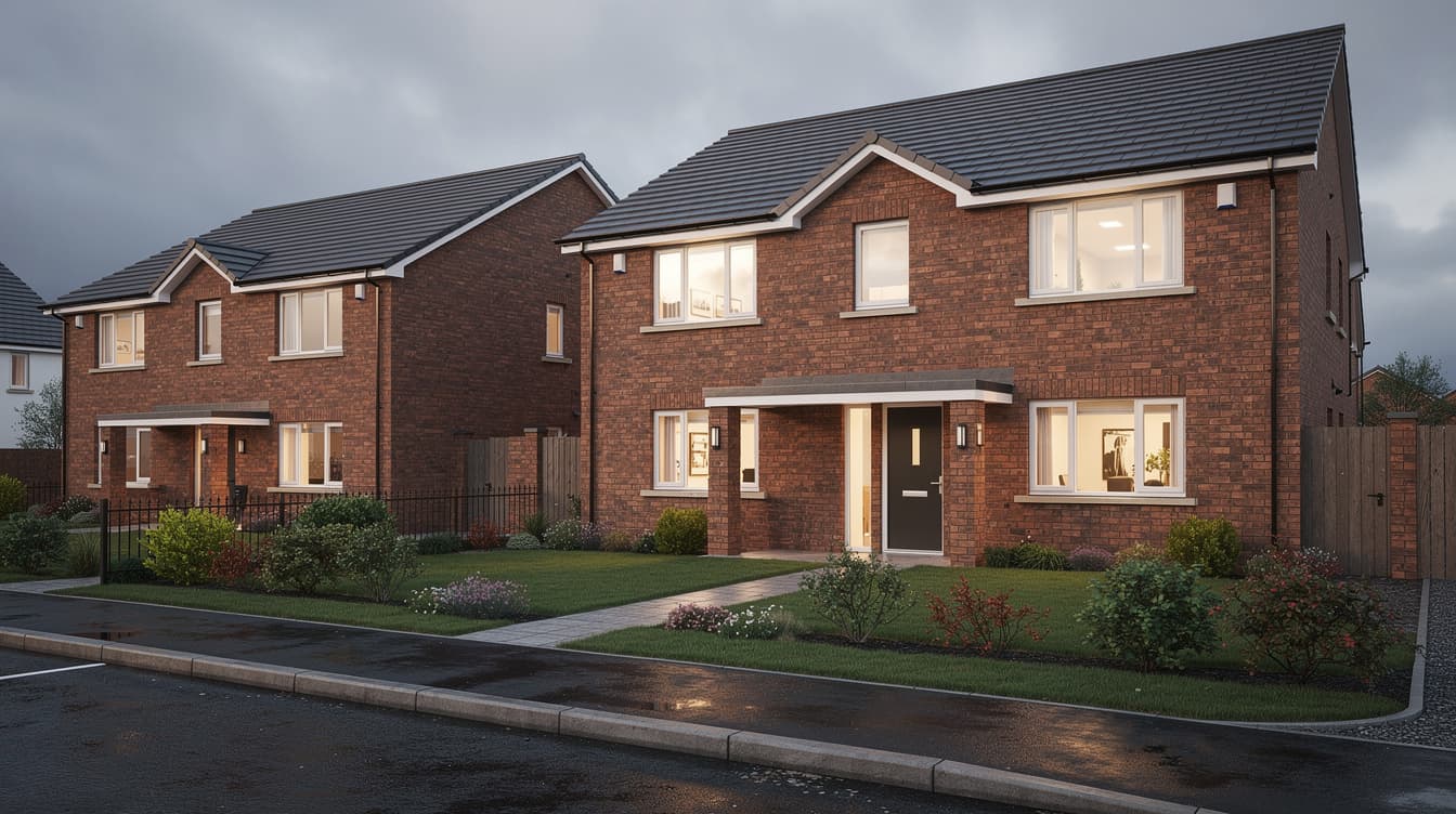 Modern Irish suburban semi-detached homes at dusk, warm interior lights on, indicating home energy performance