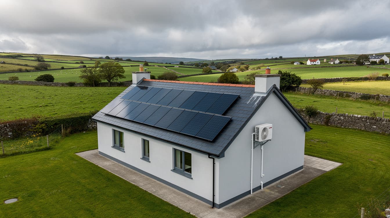 Solar panels on an Irish detached house with a heat pump condenser visible on the exterior wall