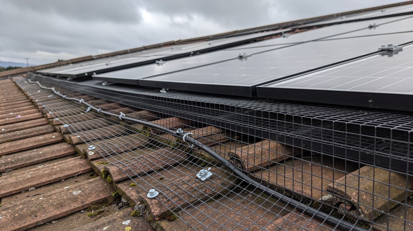 Stainless steel bird proofing mesh installed along the perimeter of solar panels on an Irish rooftop with cloudy grey sky in the background