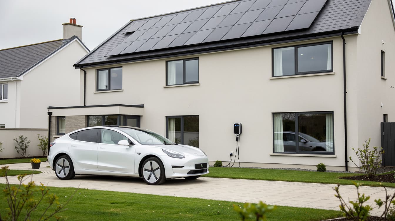 White electric car on driveway of Irish home with rooftop solar panels