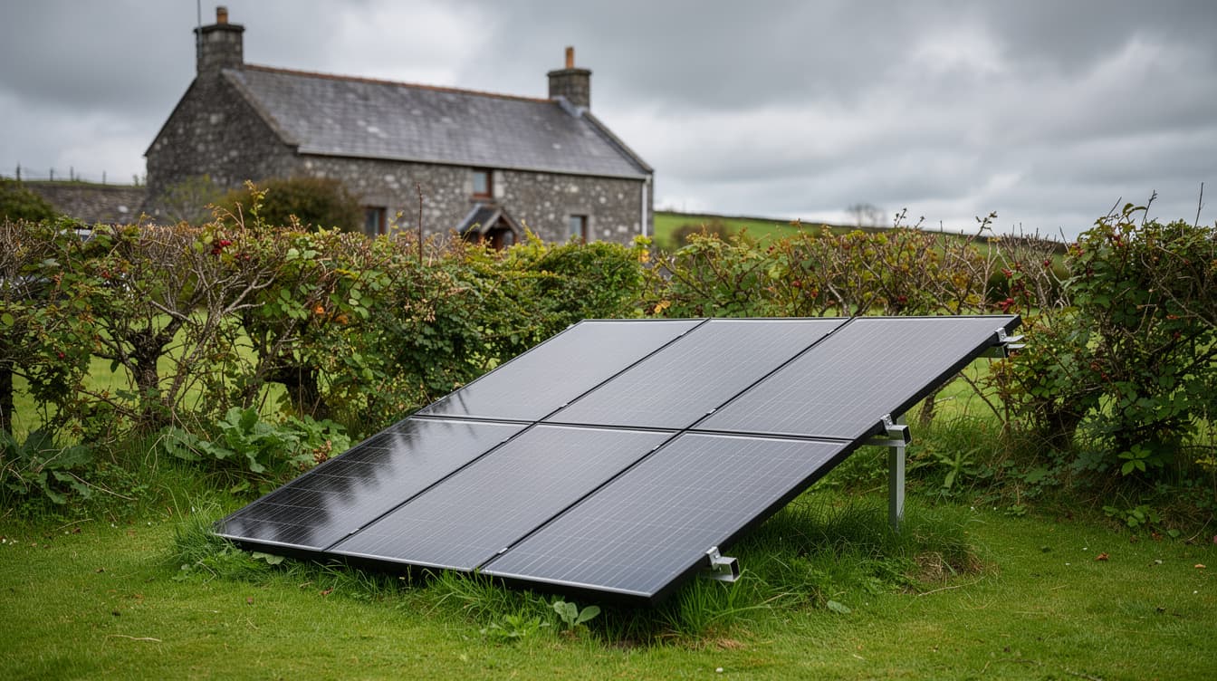 Ground-mounted solar panel array in an Irish garden with a stone cottage in the background