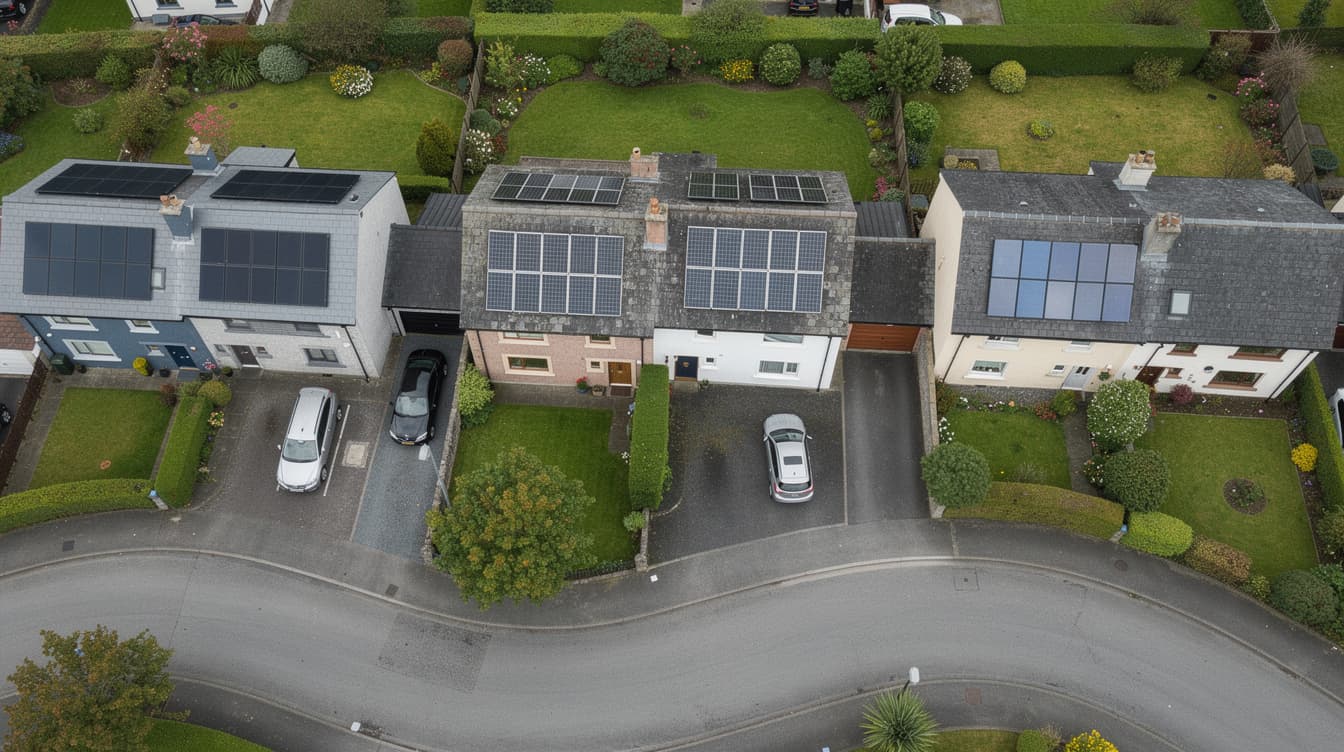 Aerial view of Irish suburban houses with solar panels on the rooftops