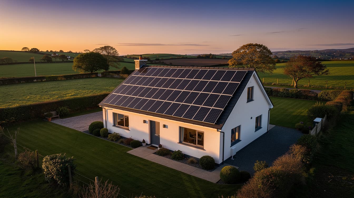 Irish home with a full rooftop solar panel array at dusk