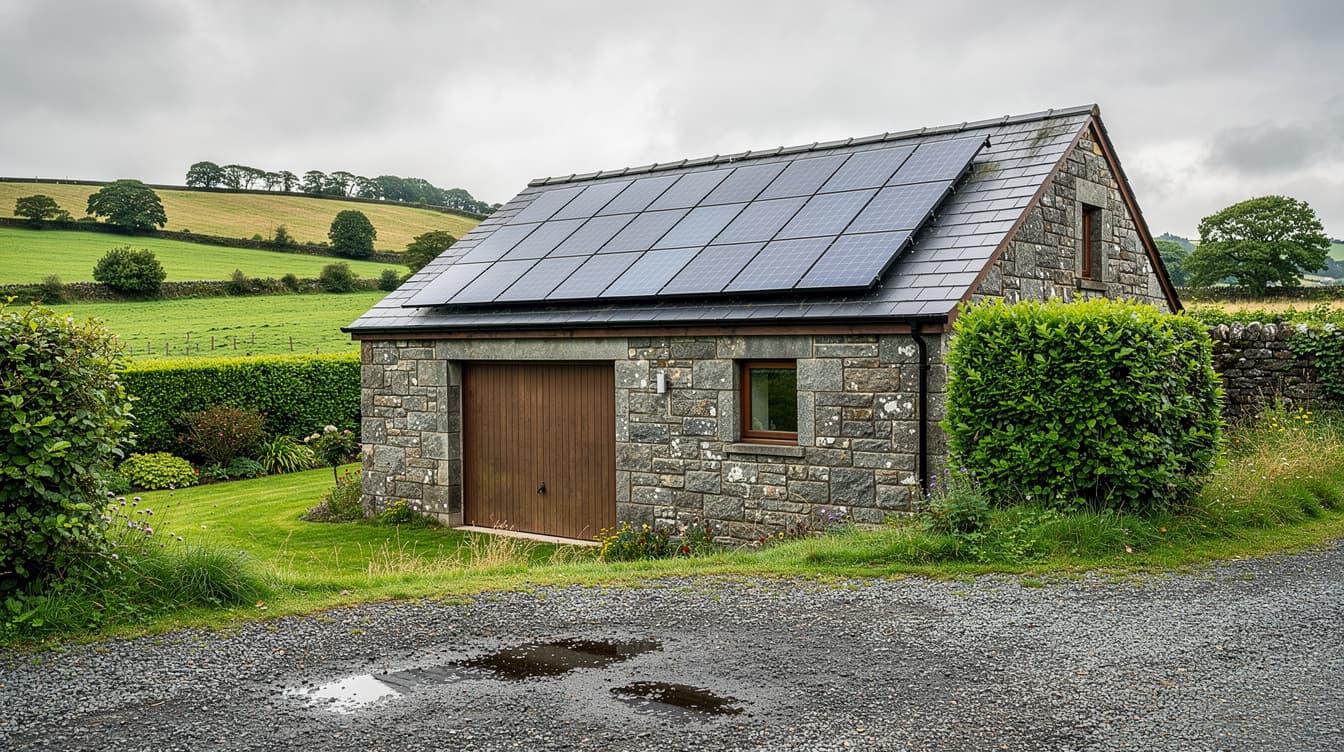 Detached Irish stone garage with black solar panels on the pitched slate roof, mature hedges and green rolling fields behind