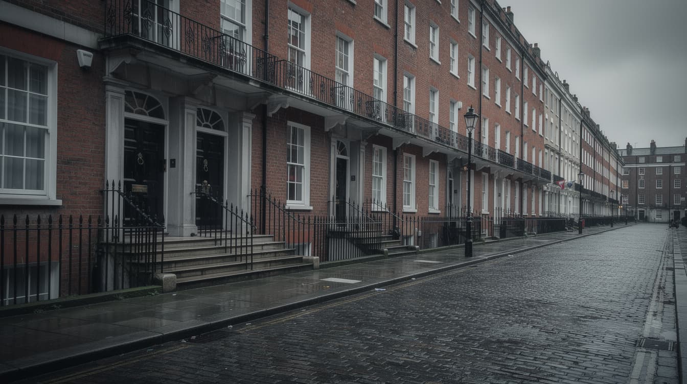 Row of Georgian terrace houses on a cobblestone Dublin street