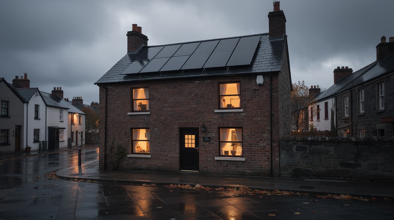Irish terraced rental house with solar panels on the roof, warm evening lights in windows, wet street after rain