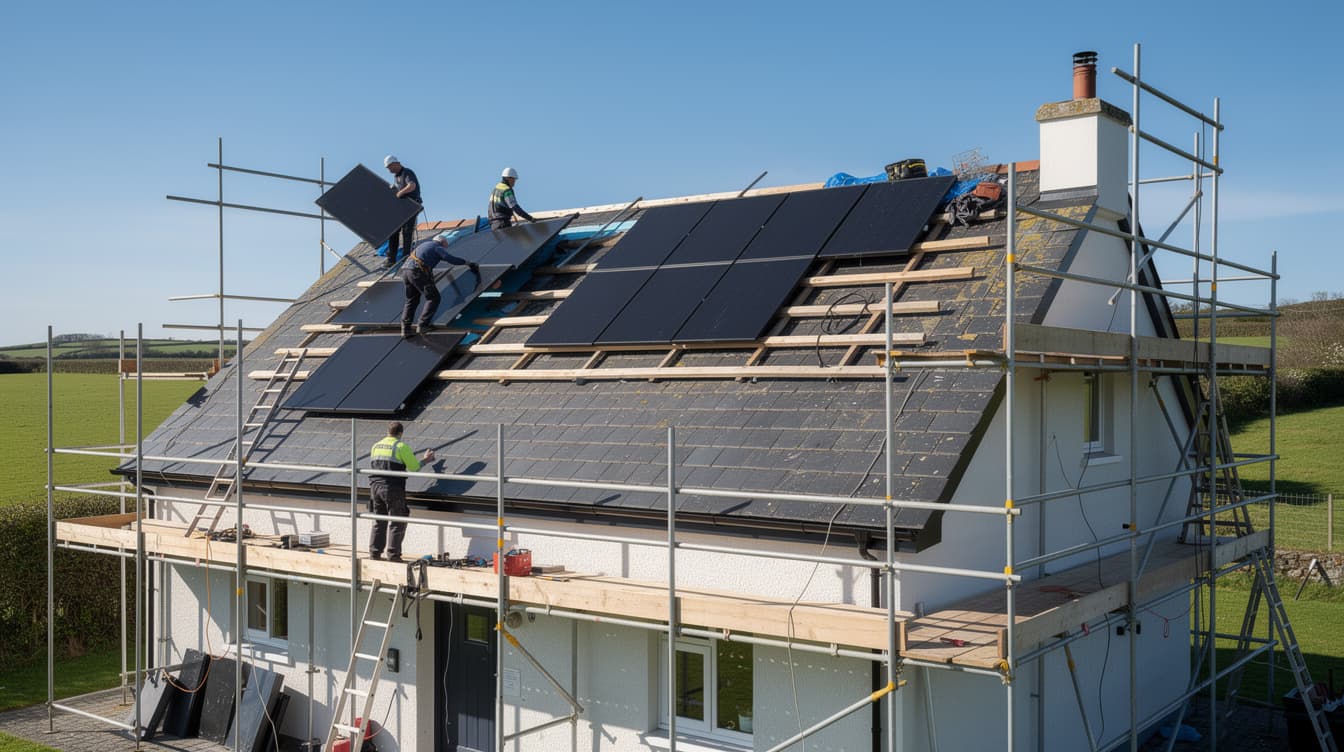 Roofers and scaffolding removing solar panels from a slate roof on an Irish detached house with green rolling fields in the background