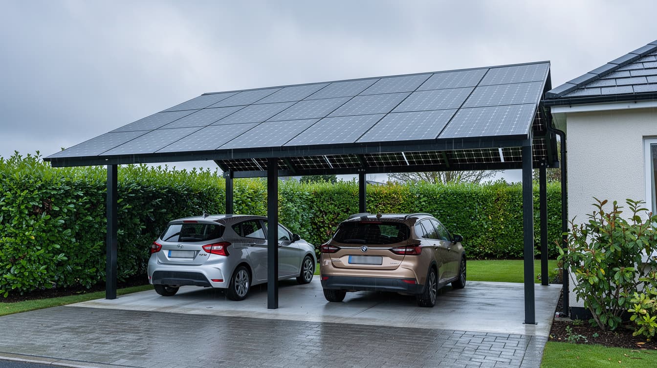 Solar carport with photovoltaic panels sheltering two cars on an Irish suburban driveway