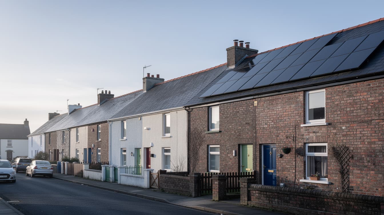 Row of Irish terraced houses at dawn, some fitted with rooftop solar panels, illustrating how Irish homeowners finance solar installations