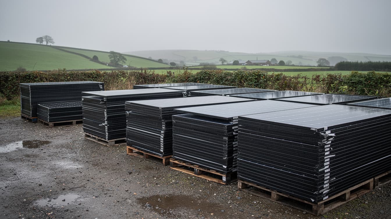 Stacked end-of-life solar panels on pallets awaiting recycling in an Irish yard