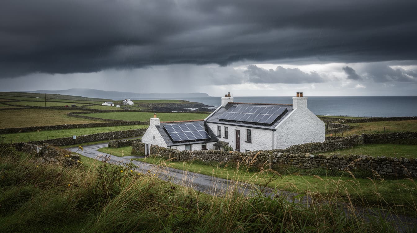 Irish coastal cottage with solar panels weathering an Atlantic storm
