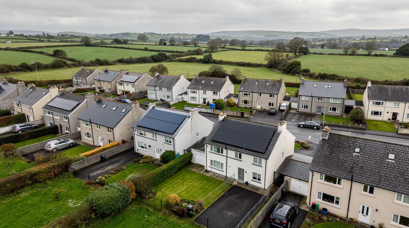 Aerial view of Irish suburban houses with pitched slate roofs, some with solar panels, green fields in background