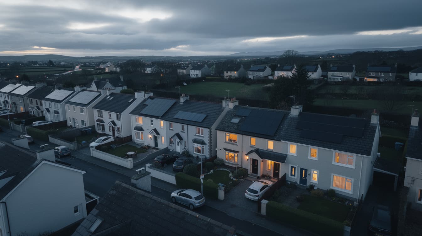 Aerial dusk view of a row of Irish semi-detached houses with warm interior lights and solar panels on the rooftops