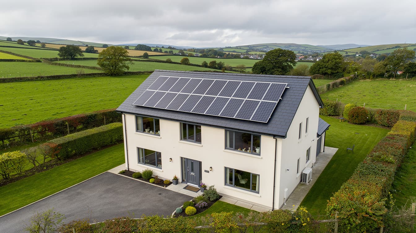 Aerial view of an Irish two-story detached house with twelve solar panels on the slate roof