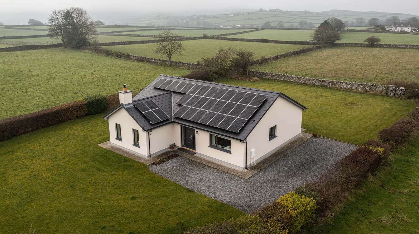 Aerial view of an Irish bungalow with 14 solar panels on the roof