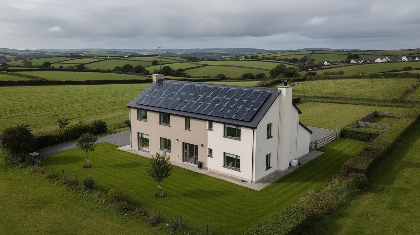 Aerial view of Irish detached home with 20-panel solar array covering the south-facing roof