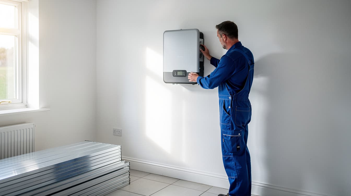 Electrician in blue overalls installing a three-phase solar inverter on a white plaster wall in an Irish plant room