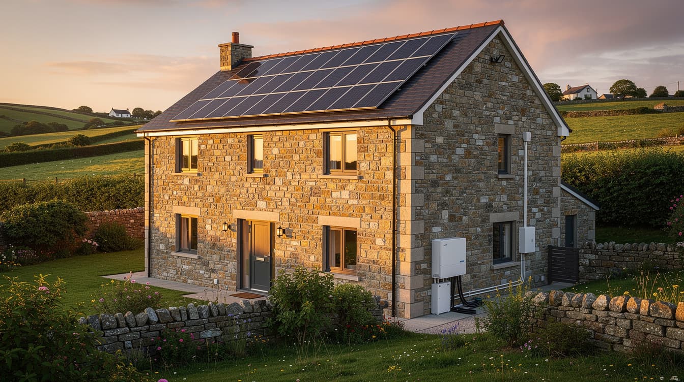 Irish stone-clad home at sunset with a complete solar power setup on the roof