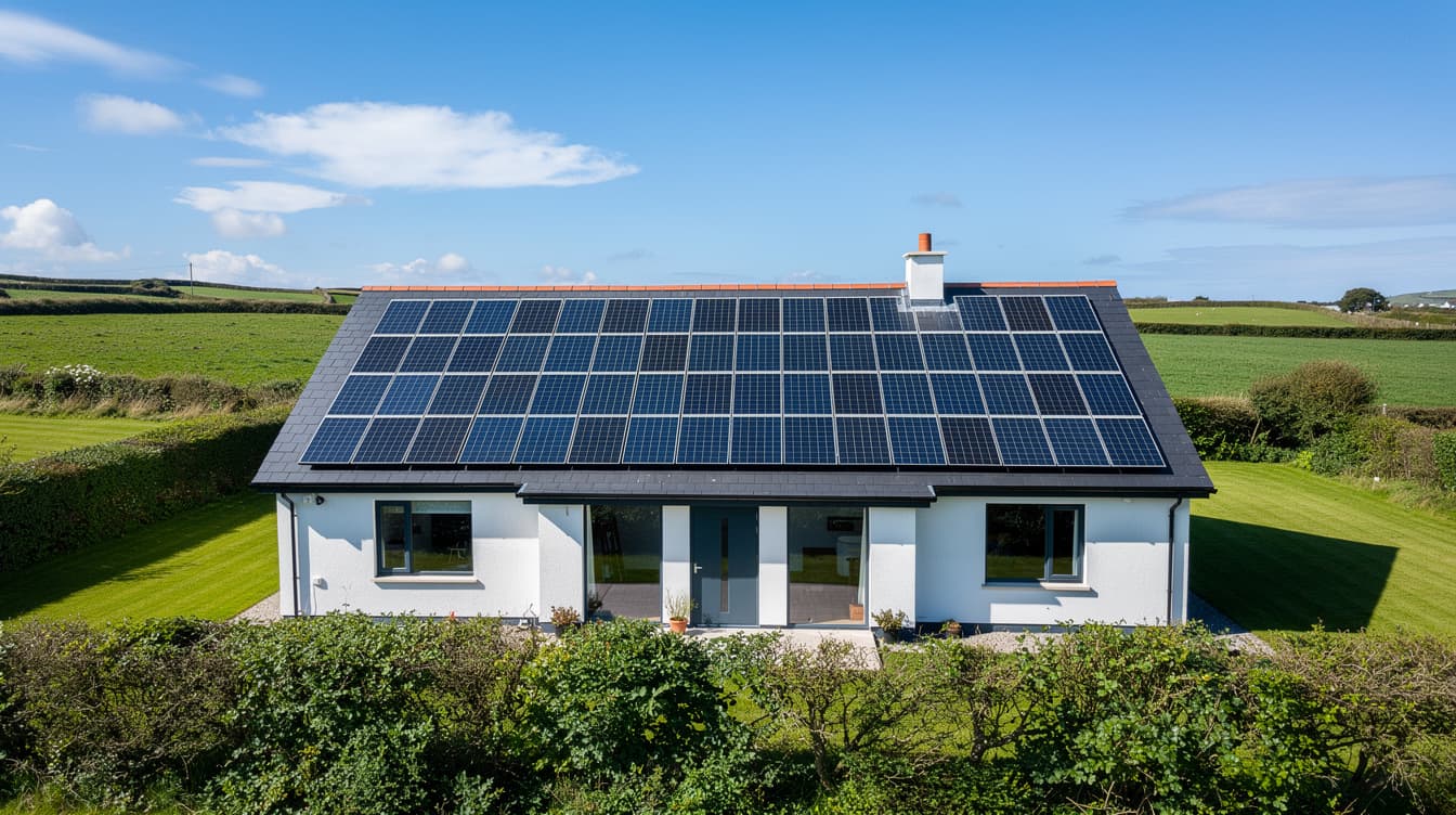 Solar panels on a modern Irish rooftop under bright summer sun with clear blue sky