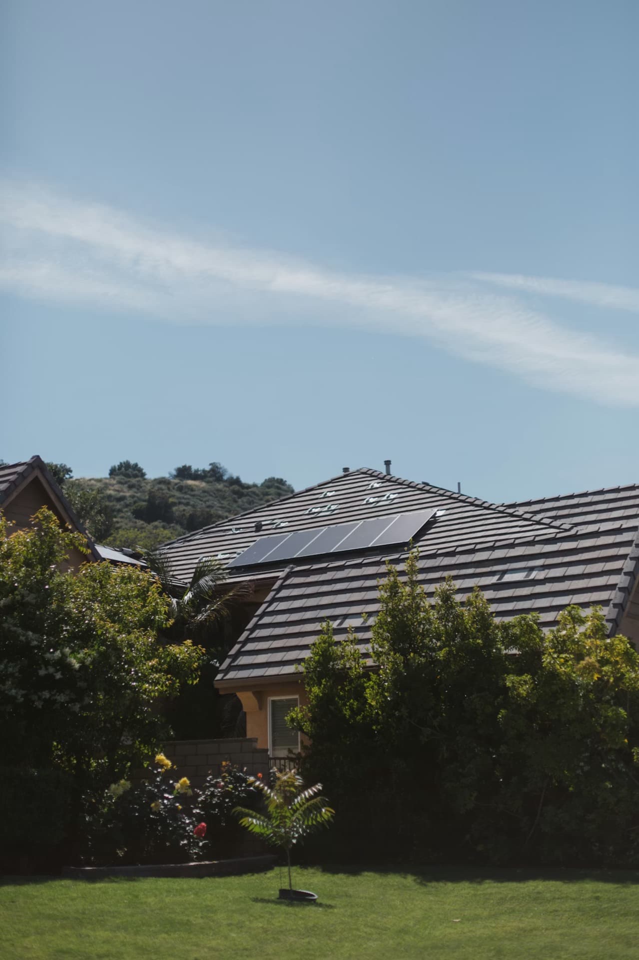 House with solar panels on rooftop surrounded by greenery