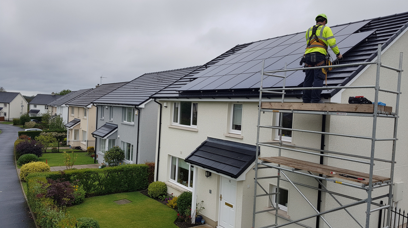 Solar panel installer working on scaffolding on an Irish semi-detached house in a housing estate