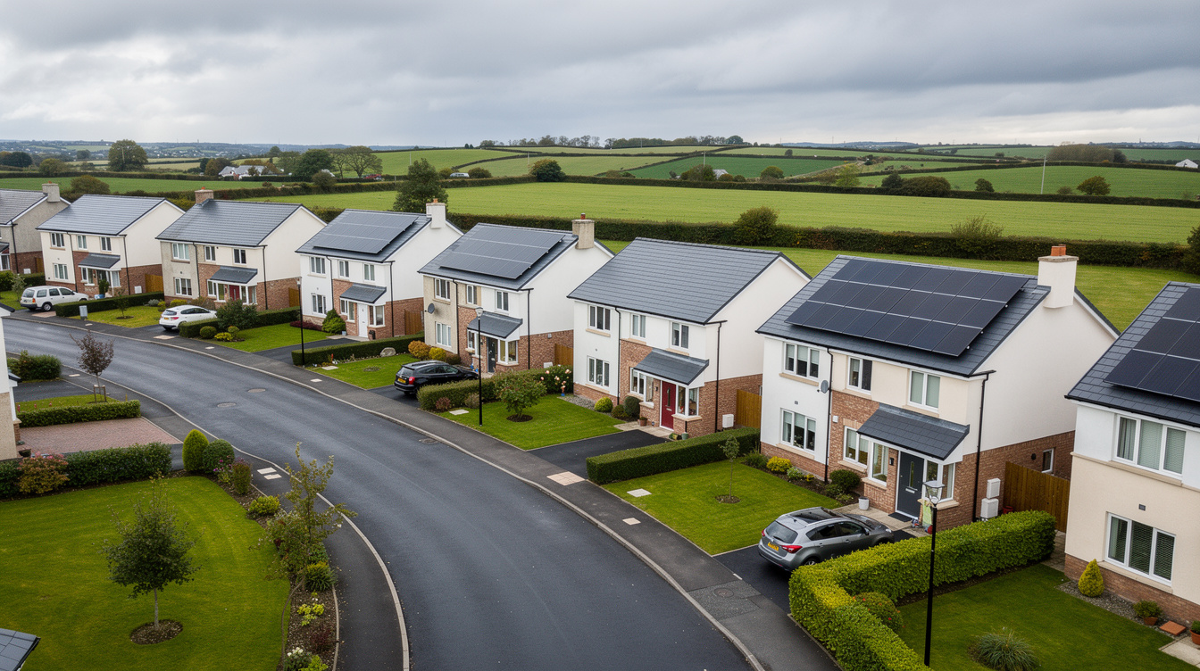 Aerial view of Irish housing estate with solar panels on multiple semi-detached houses, green fields behind