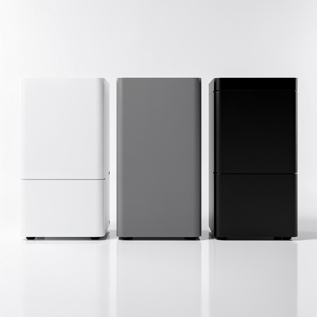 Three different home battery storage units side by side in a showroom