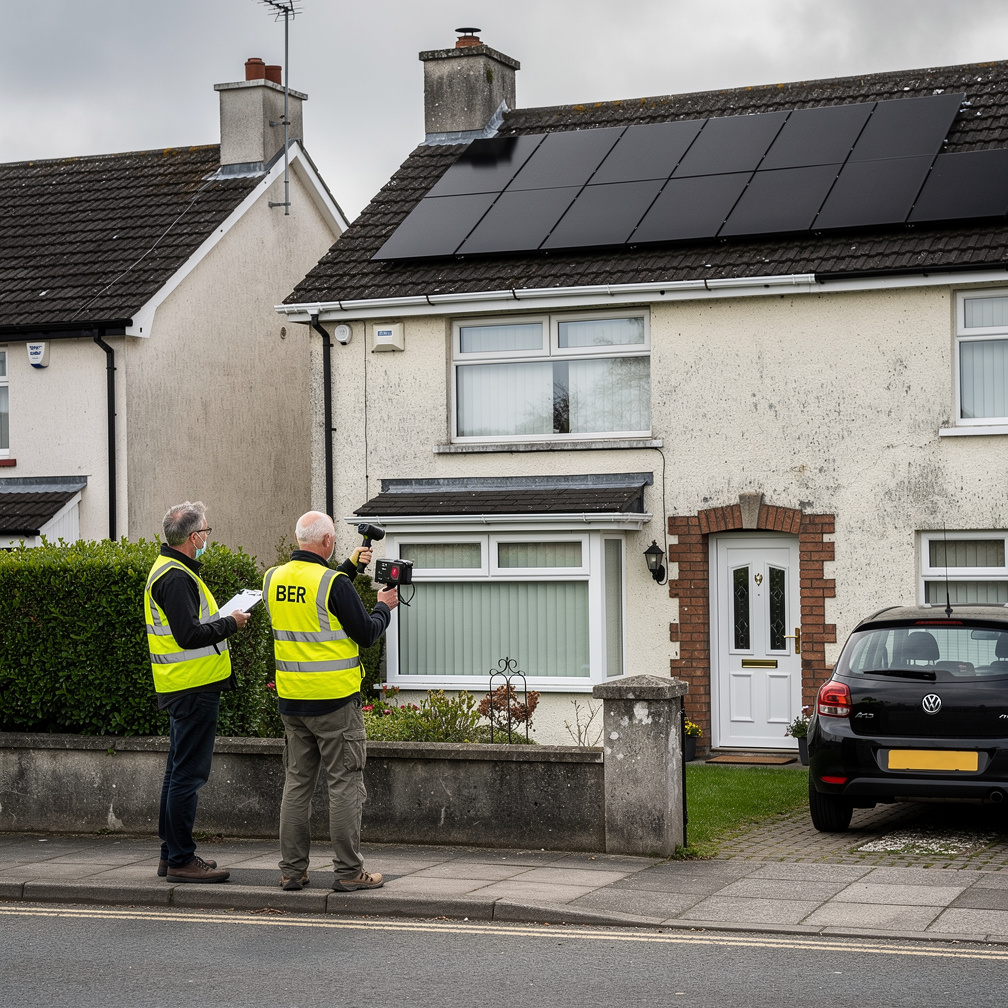 BER assessor inspecting an Irish house with solar panels on the roof
