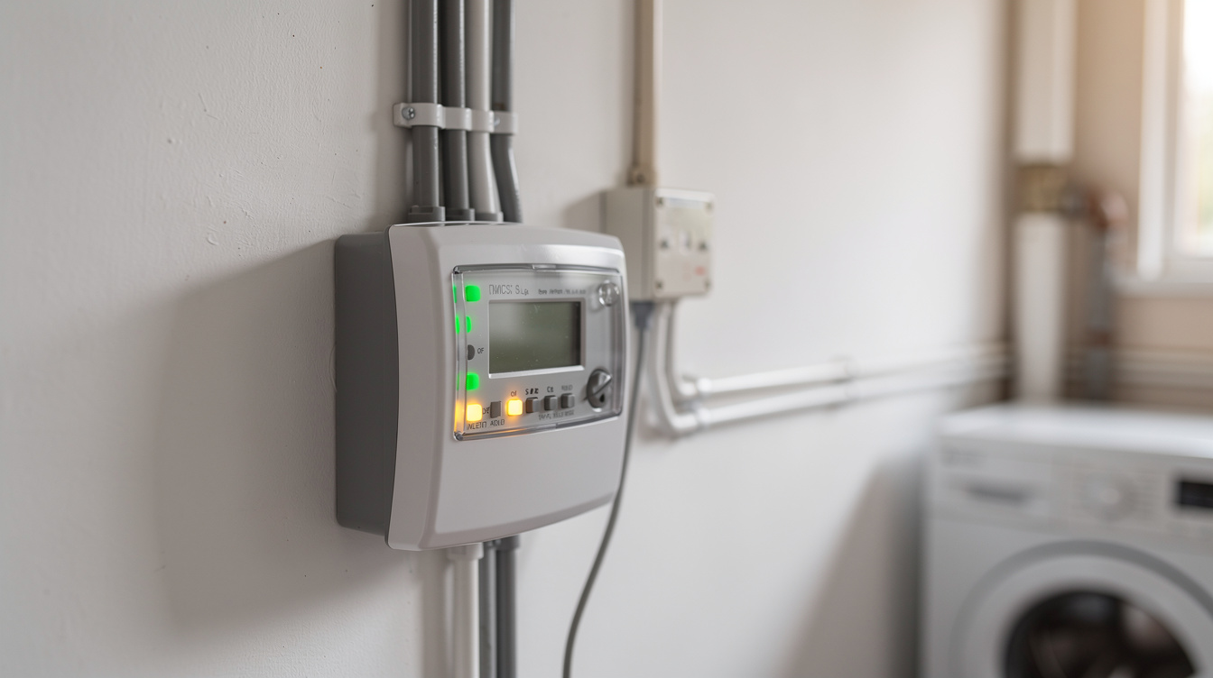 Smart electricity meter with coloured indicator lights installed in an Irish home utility room