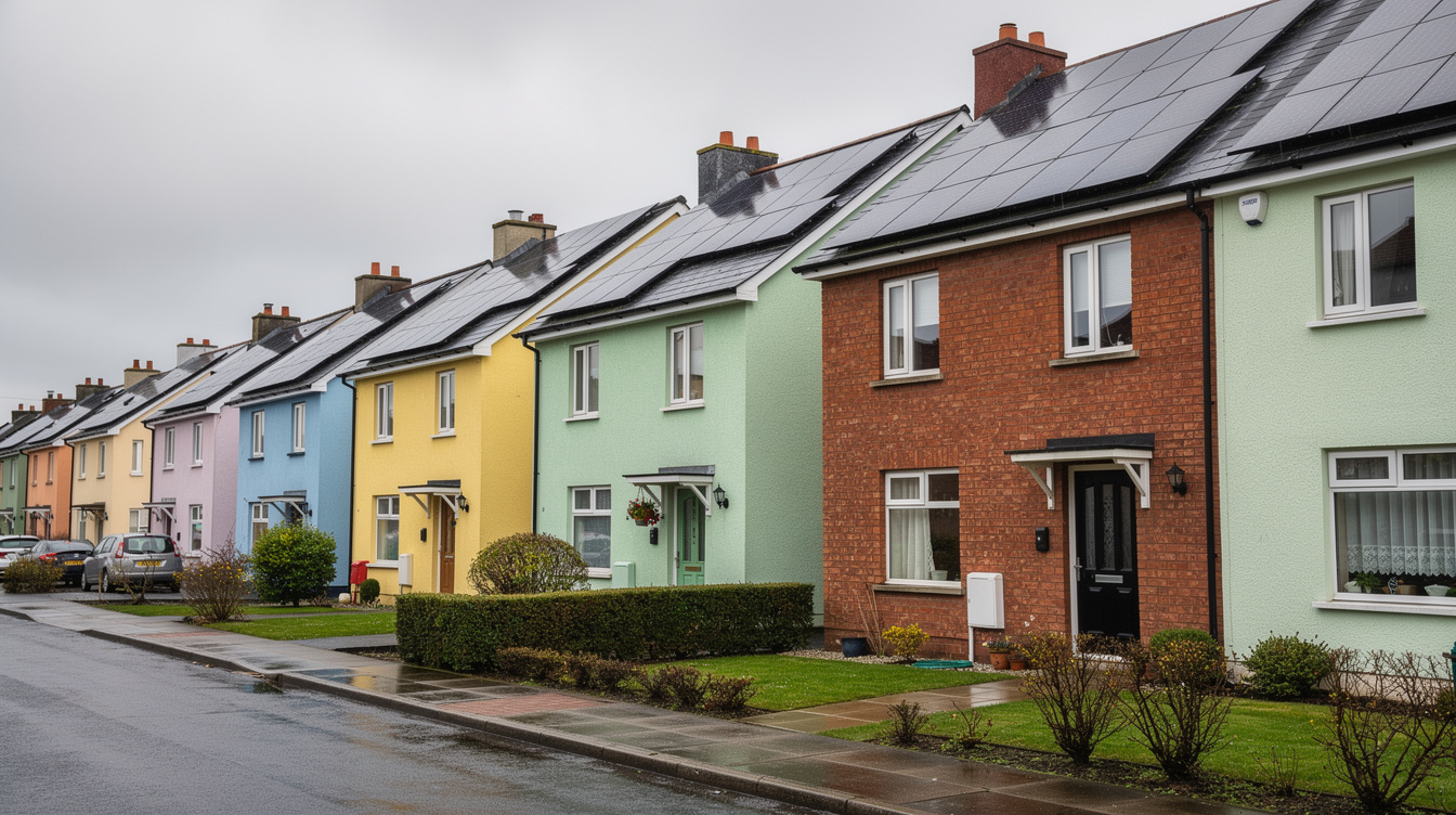 Row of colourful Irish terraced houses with solar panels on every rooftop under overcast sky
