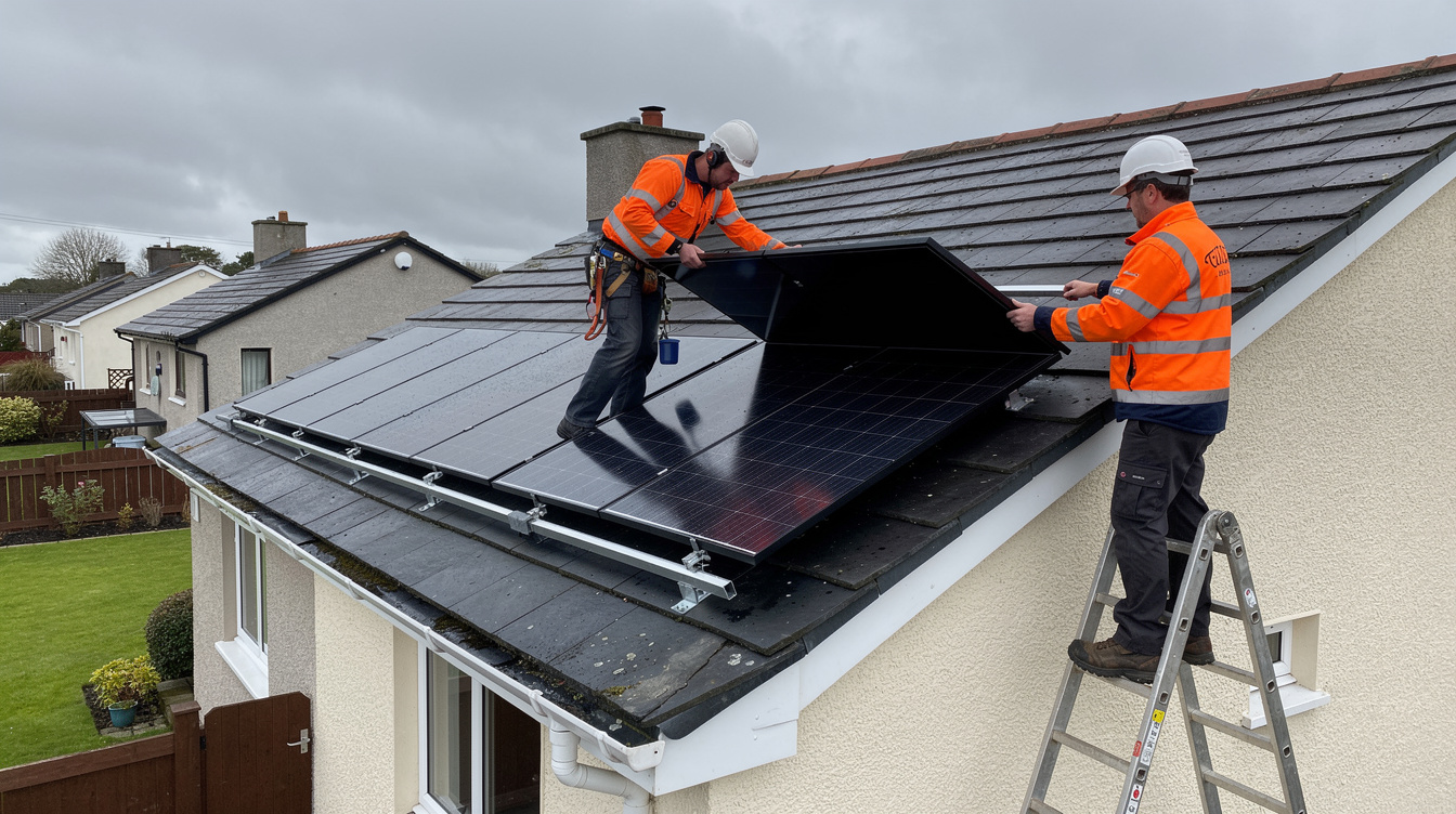 Professional installers mounting solar panels on a suburban Dublin home