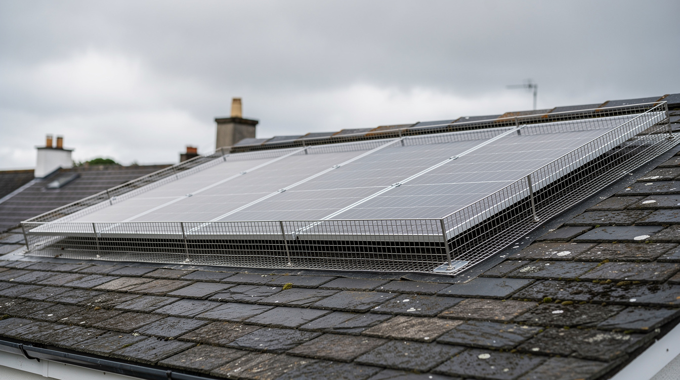 Completed bird proofing mesh installation on solar panels on Irish slate roof