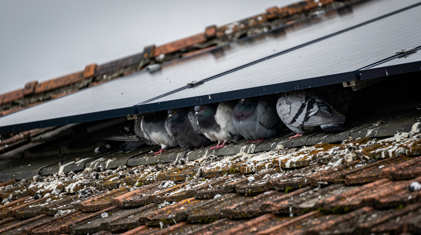 Pigeons nesting under solar panels on an Irish house roof with visible droppings