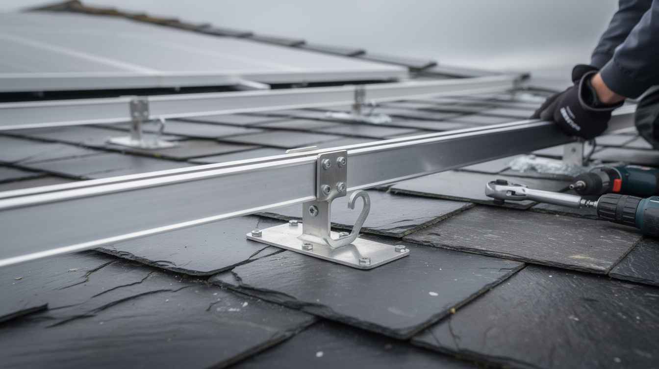 Close-up of solar panel mounting brackets being installed on an Irish slate roof