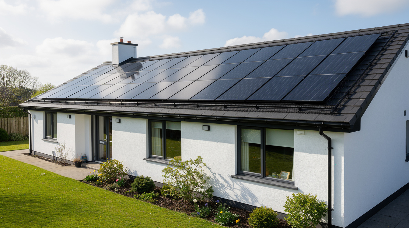 Completed solar panel installation with bird mesh on Irish bungalow roof