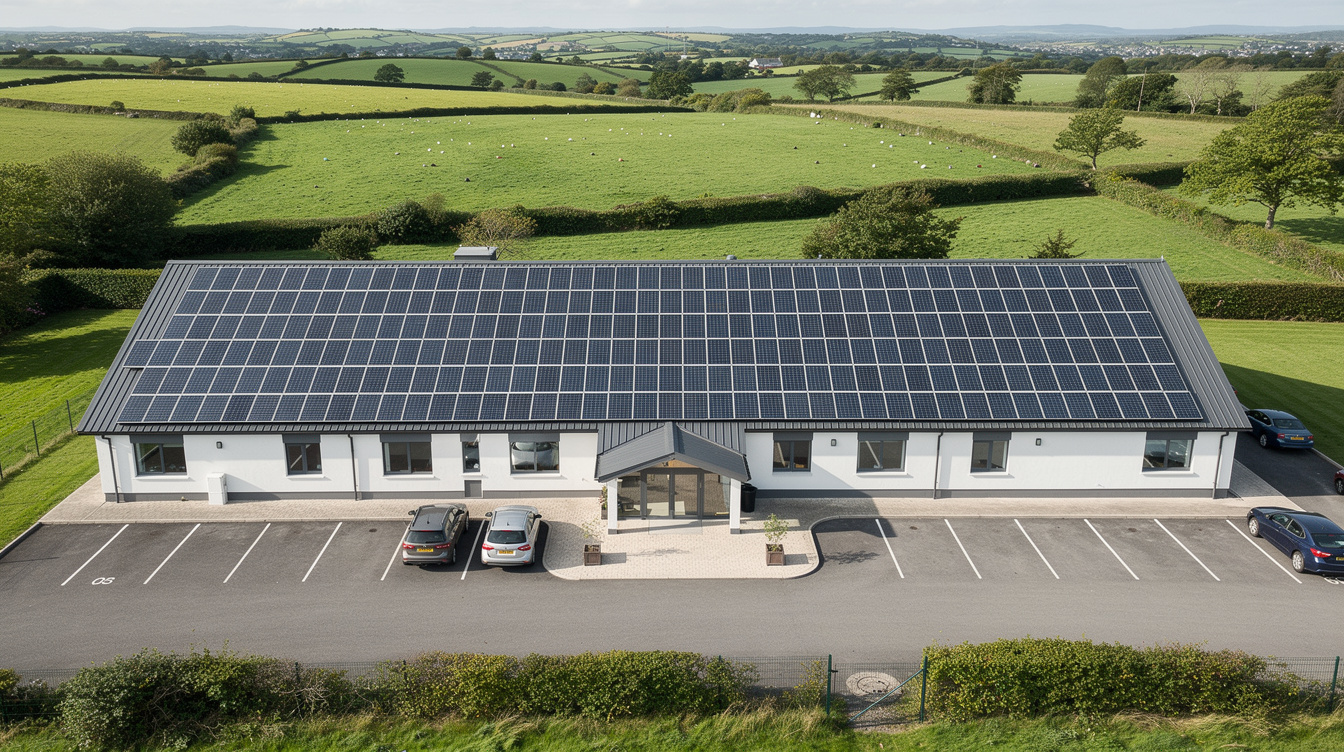 Solar panels on the roof of an Irish community centre with green countryside