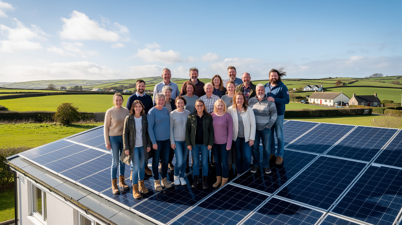 Group of community members standing next to solar panels on community building rooftop in Ireland