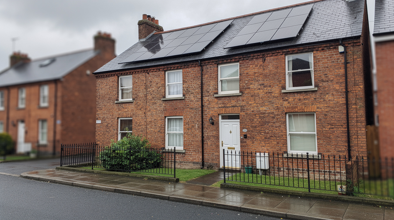 Red brick Dublin terraced house with six black solar panels on the slate roof