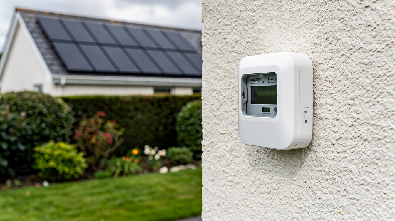 Smart meter installed on Irish house exterior wall with solar panels visible on roof
