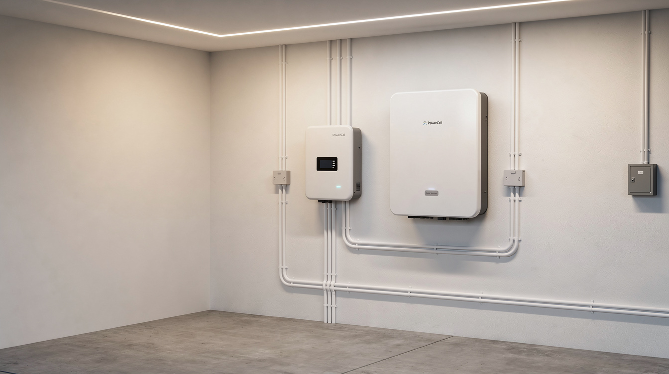 Home battery storage unit and solar inverter mounted on garage wall in Irish home