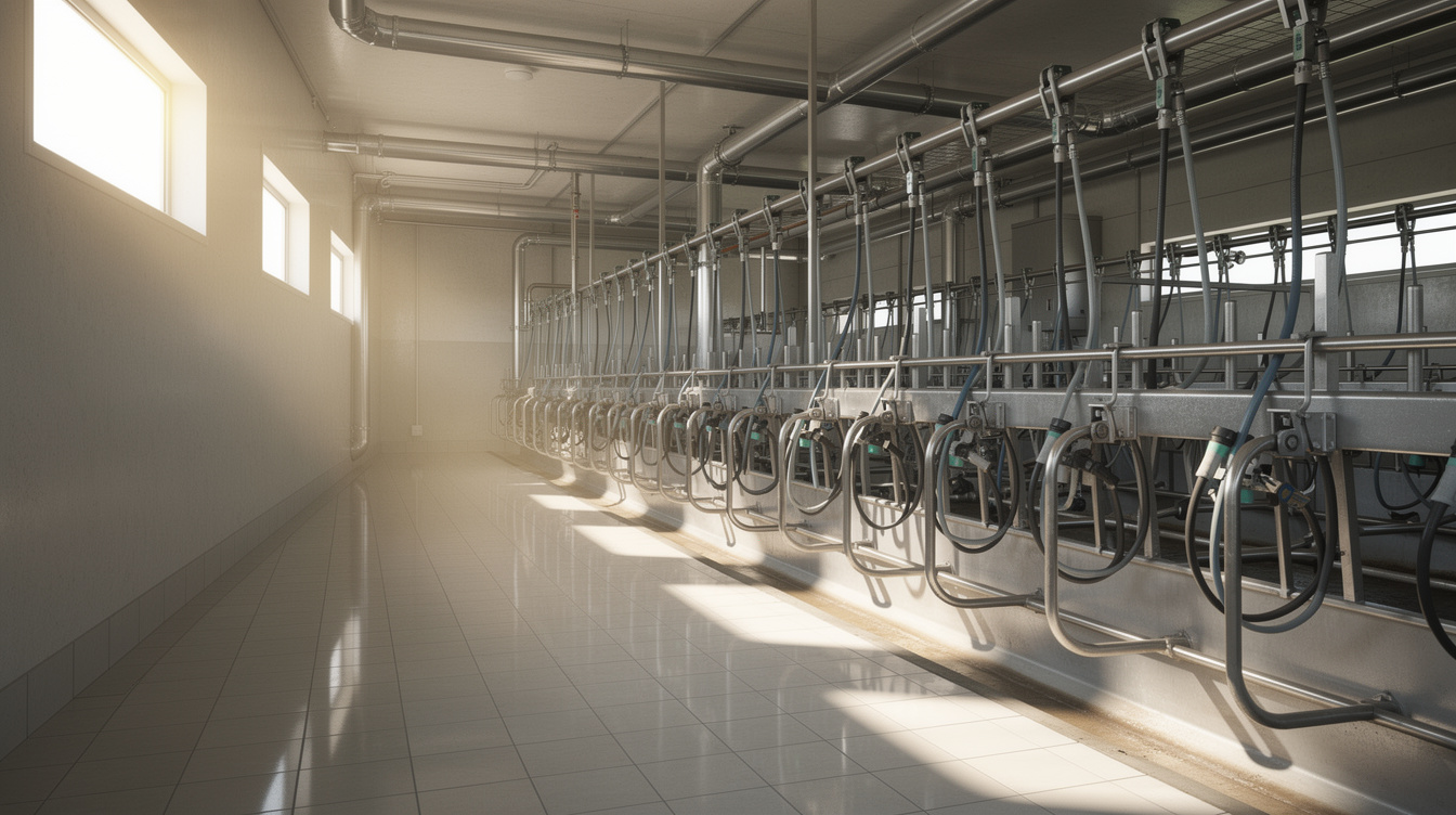 Interior of modern Irish dairy farm milking parlour