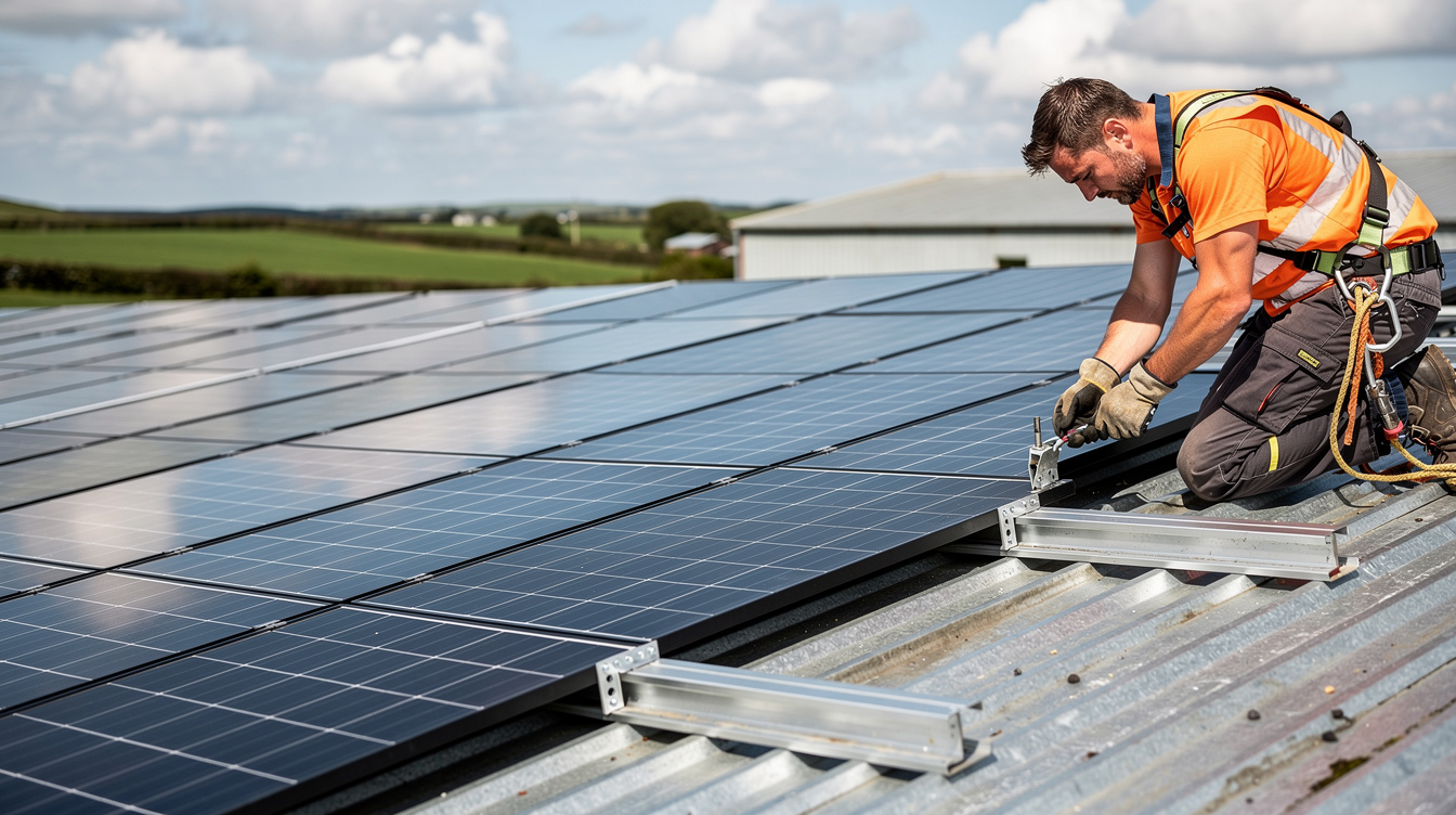 Installer mounting solar panels on Irish farm shed roof