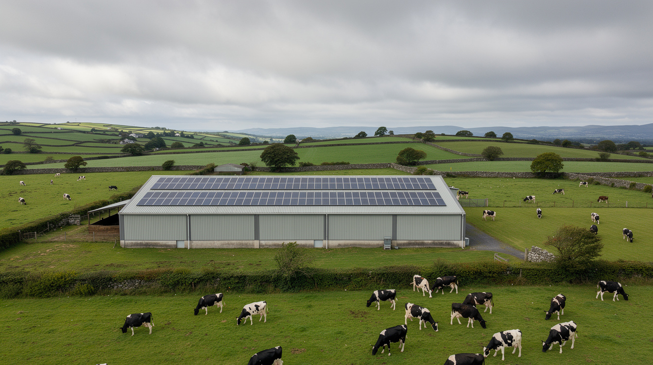 Aerial view of Irish farm with solar panels on shed roof and dairy cows grazing