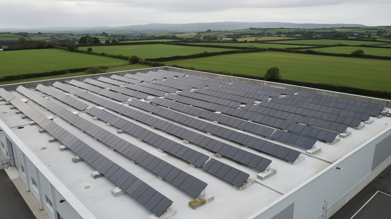 Aerial view of solar panel array on a flat-roofed building in Irish countryside with ballasted mounting