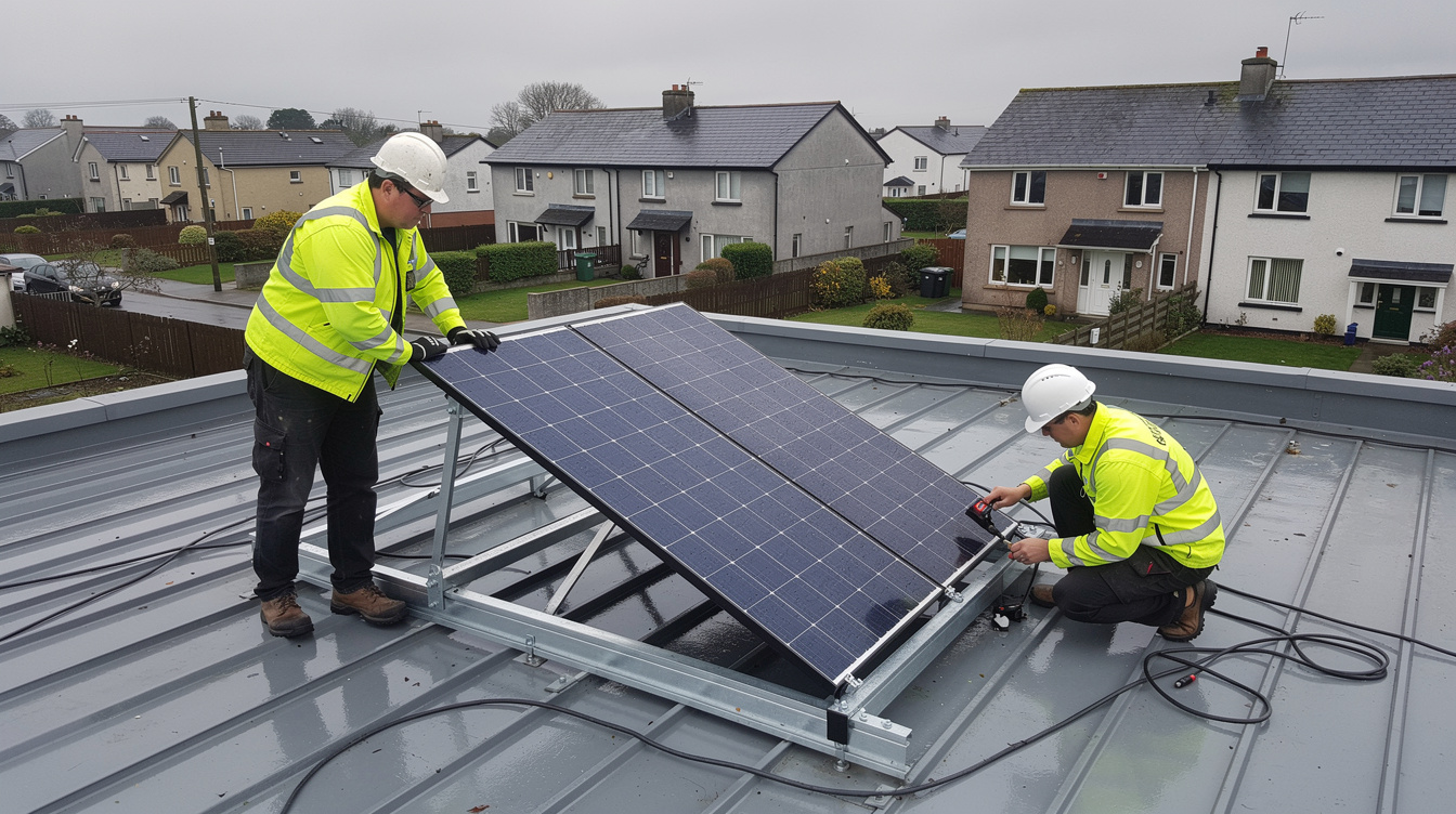 Two installers in hi-vis vests installing a solar panel on a tilt frame on a flat roof